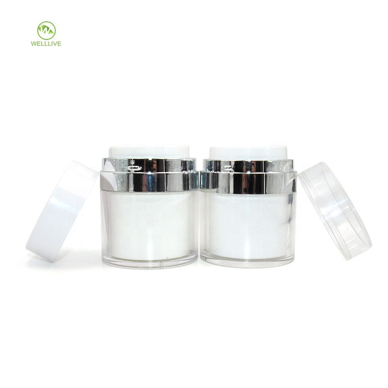 Press pump sealing type 50g pearl white PMMA acrylic cosmetic airless plastic cream jar with clear cap