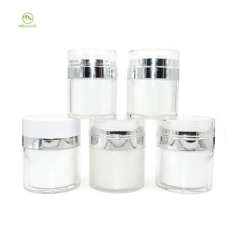 Press pump sealing type 50g pearl white PMMA acrylic cosmetic airless plastic cream jar with clear cap