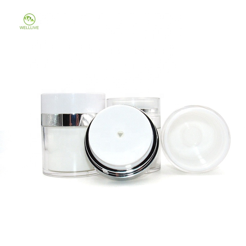 Press pump sealing type 50g pearl white PMMA acrylic cosmetic airless plastic cream jar with clear cap