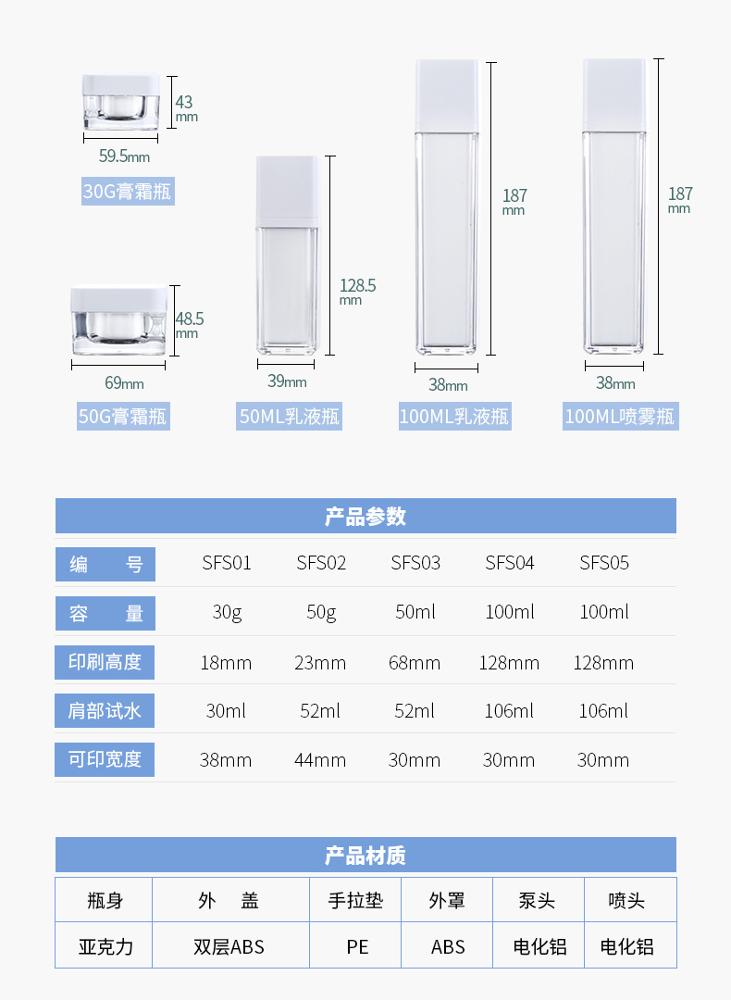 Private Label High-grade Cosmetic Packaging Acrylic Cosmetic Bottle Set 30g 50g Cream 100ml Emulsion Bottle Spray Bottle