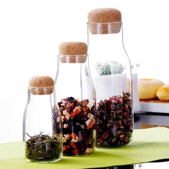 Private labelled with cork Transparent sealed glass jars for storage of candy  tobacco coffee beans and grains