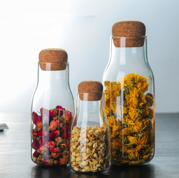 Private labelled with cork Transparent sealed glass jars for storage of candy tobacco coffee beans and grains