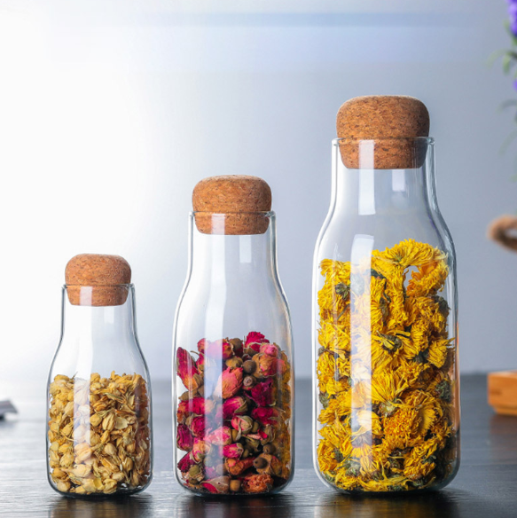 Private labelled with cork Transparent sealed glass jars for storage of candy tobacco coffee beans and grains