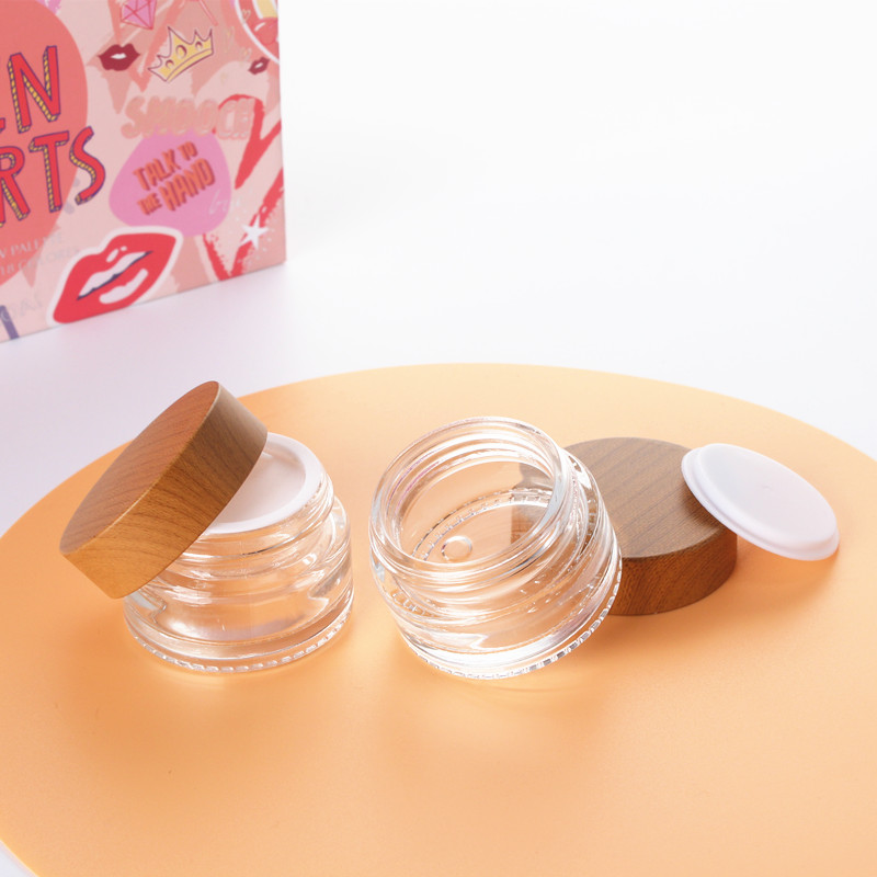 Professional Cosmetic Packaging Product Essential Refillable Transparent Glass Square Bottom Round Wood Grain Cream jar