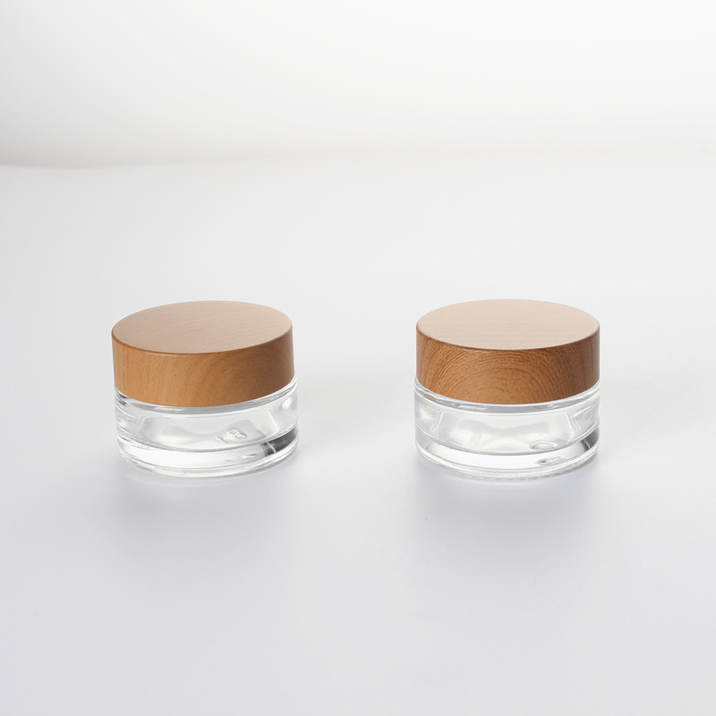 Professional Cosmetic Packaging Product Essential Refillable Transparent Glass Square Bottom Round Wood Grain Cream jar