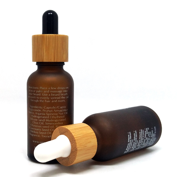 Professional manufacture 1oz amber round bottle 30ml essential oil frosted glass bottles bamboo cap