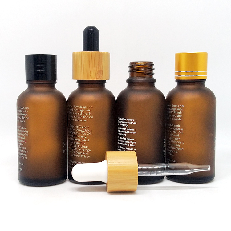 Professional manufacture 1oz amber round bottle 30ml essential oil frosted glass bottles bamboo cap