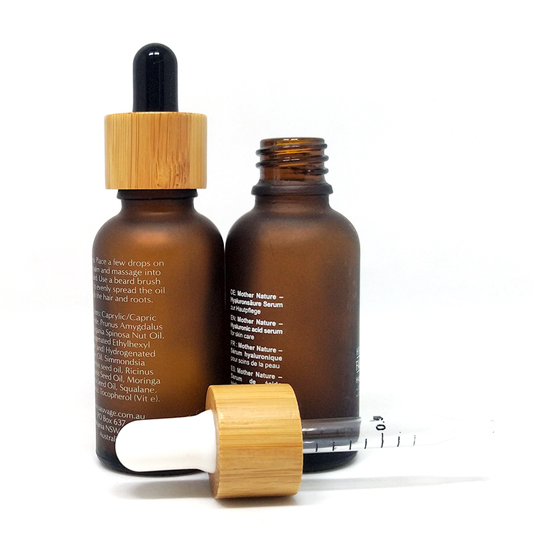 Professional manufacture 1oz amber round bottle 30ml essential oil frosted glass bottles bamboo cap