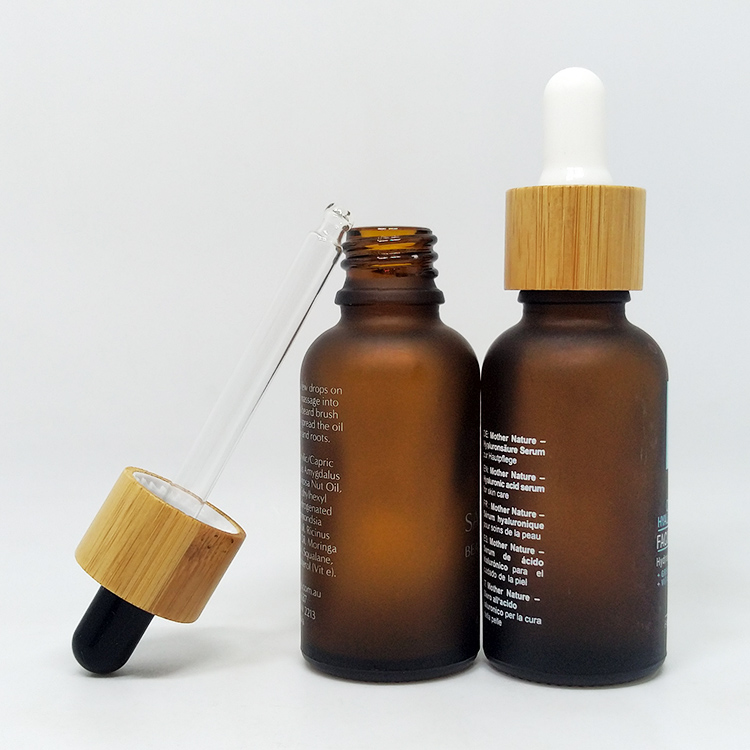 Professional manufacture 1oz amber round bottle 30ml essential oil frosted glass bottles bamboo cap