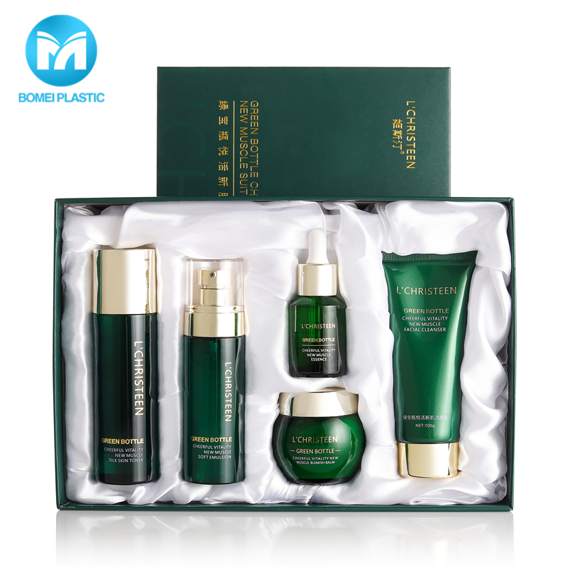 Professional packaging green 100ml cosmetic glass bottle jar set for cream