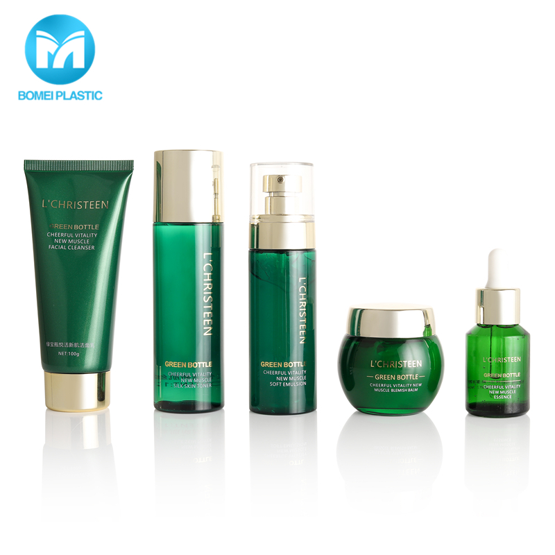 Professional packaging green 100ml cosmetic glass bottle jar set for cream