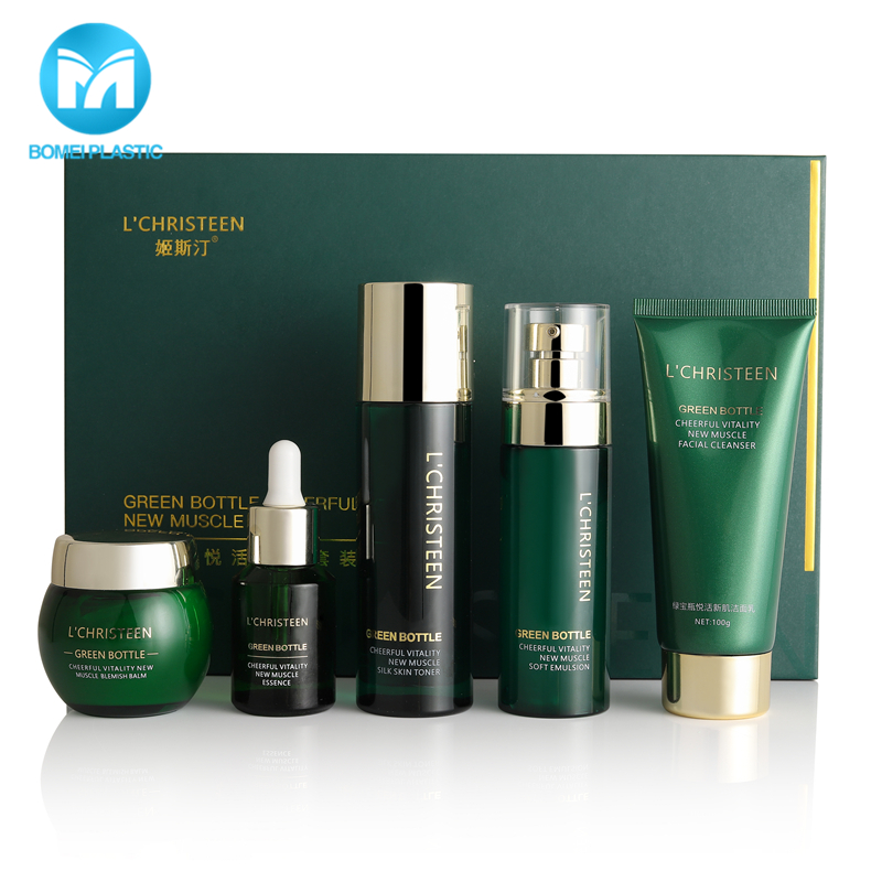 Professional packaging green 100ml cosmetic glass bottle jar set for cream