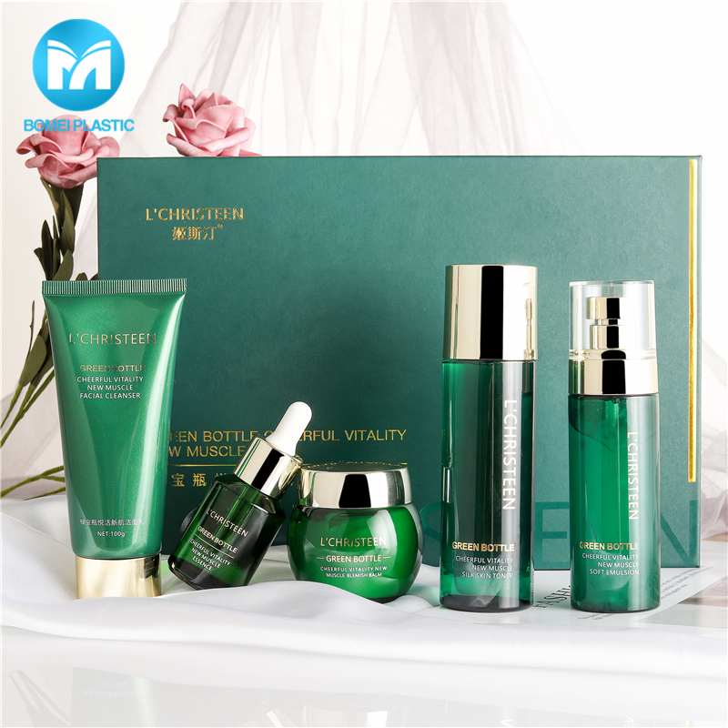 Professional packaging green 100ml cosmetic glass bottle jar set for cream