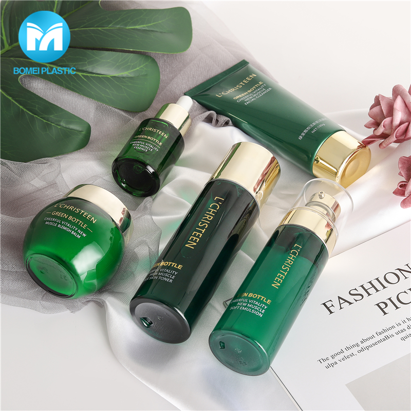 Professional packaging green 100ml cosmetic glass bottle jar set for cream