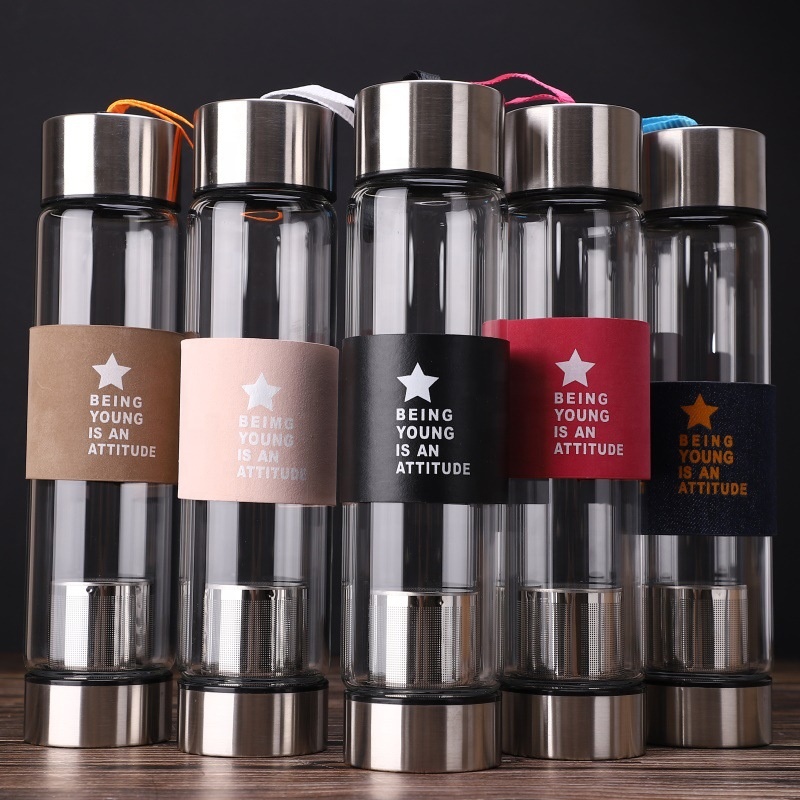 Promotion High quality single wall Borosilicate 480ml tea filter glass water bottle with handle string