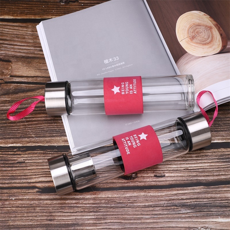 Promotion High quality single wall Borosilicate 480ml tea filter glass water bottle with handle string