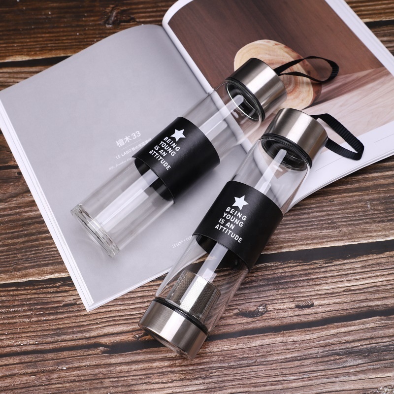 Promotion High quality single wall Borosilicate 480ml tea filter glass water bottle with handle string