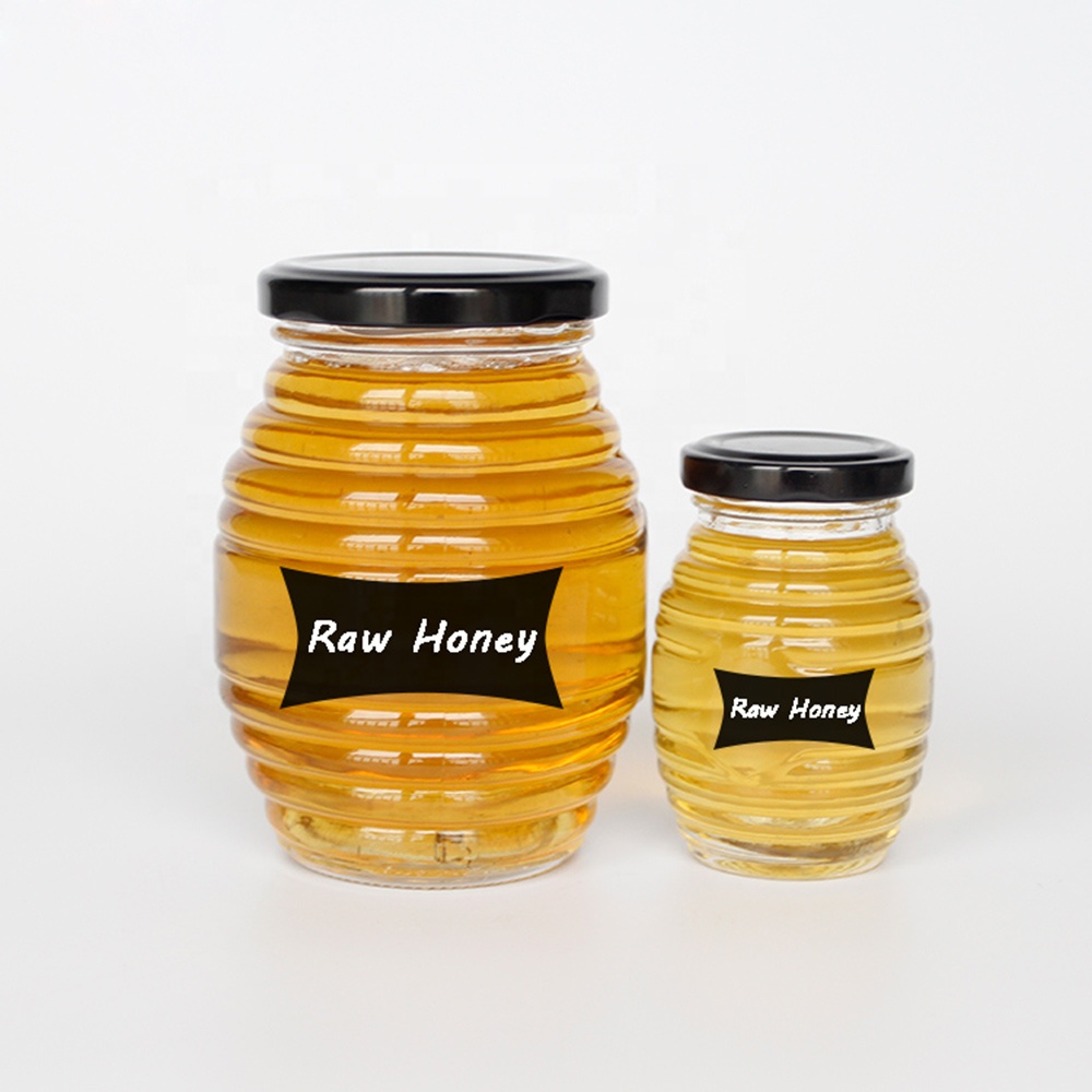 Promotional 250g 500g Glass Honey Jar with Black Twist Lid Wooden Lid Dipper