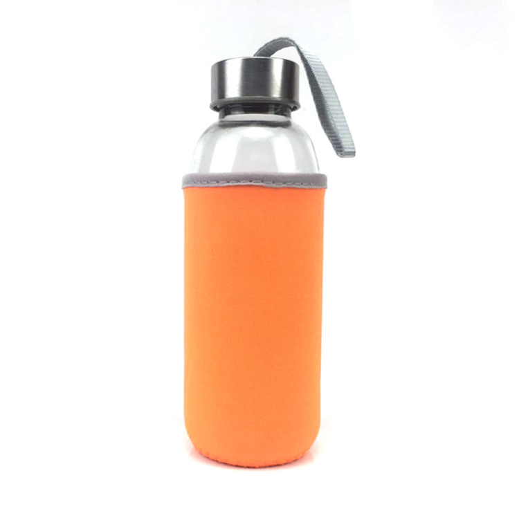 Promotional customized logo with a pouch portable drinking glass 420 ml water bottle with screw cap