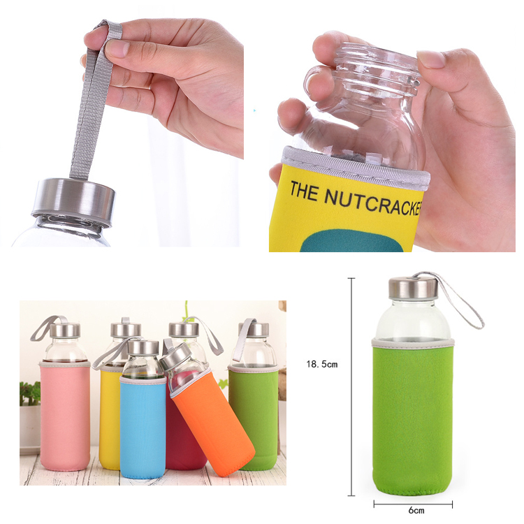 Promotional customized logo with a pouch portable drinking glass 420 ml water bottle with screw cap