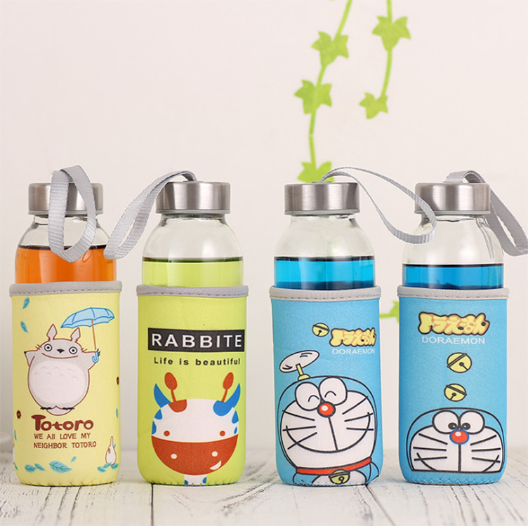 Promotional customized logo with a pouch portable drinking glass 420 ml water bottle with screw cap