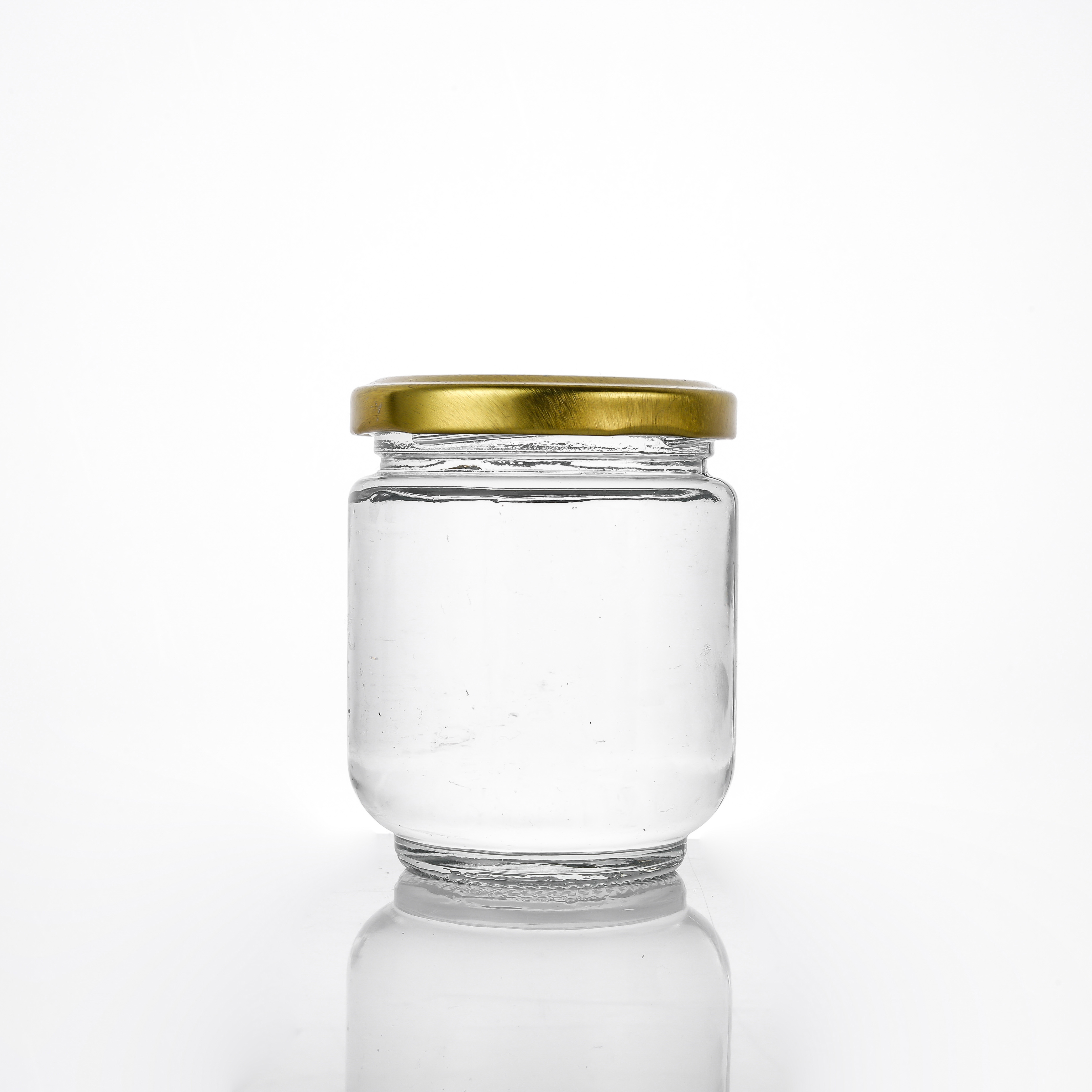 Promotional wholesale price round clear glass jar for jam,honey and pickle with gold metal lid