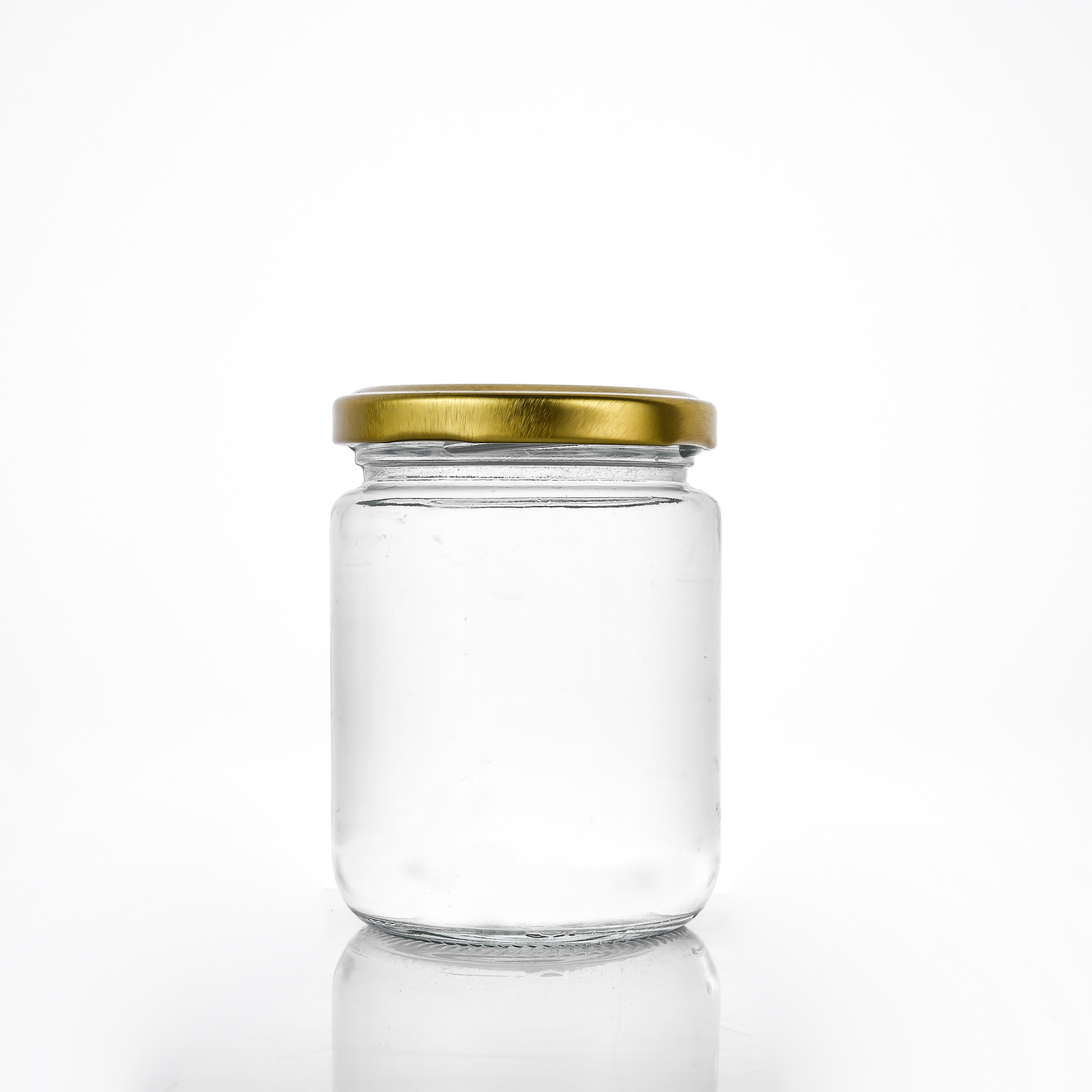Promotional wholesale price round clear glass jar for jam,honey and pickle with gold metal lid