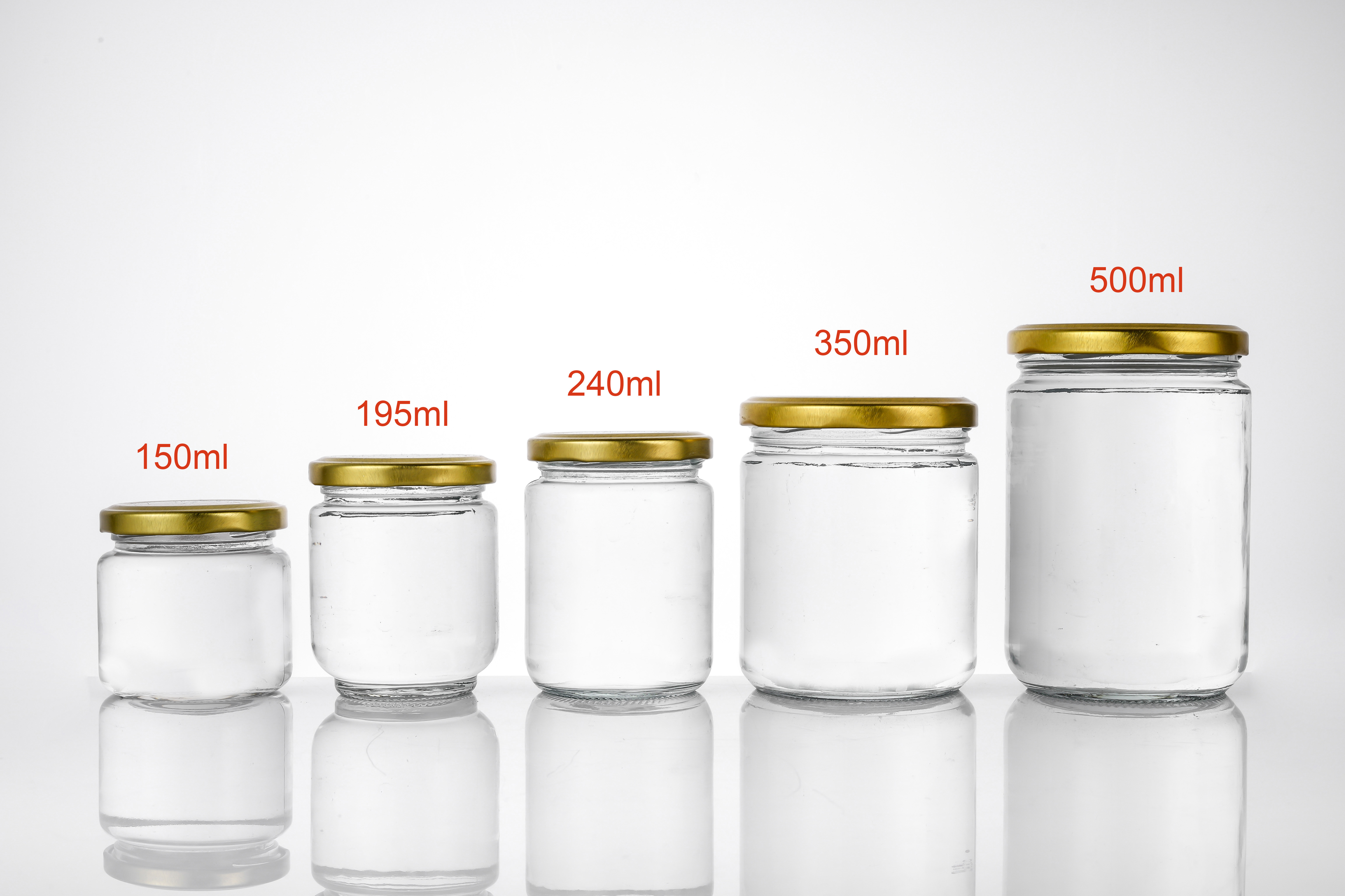 Promotional wholesale price round clear glass jar for jam,honey and pickle with gold metal lid
