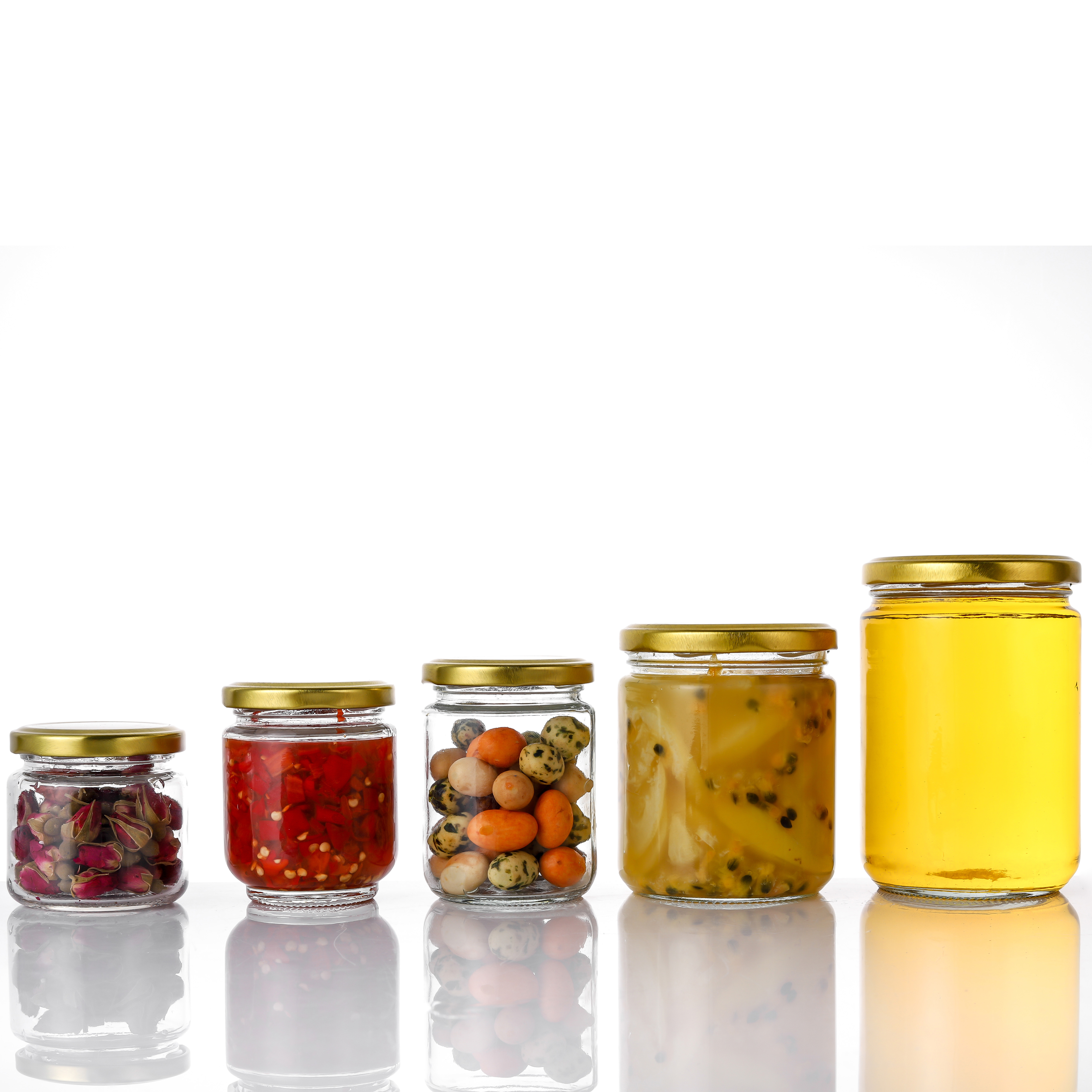 Promotional wholesale price round clear glass jar for jam,honey and pickle with gold metal lid