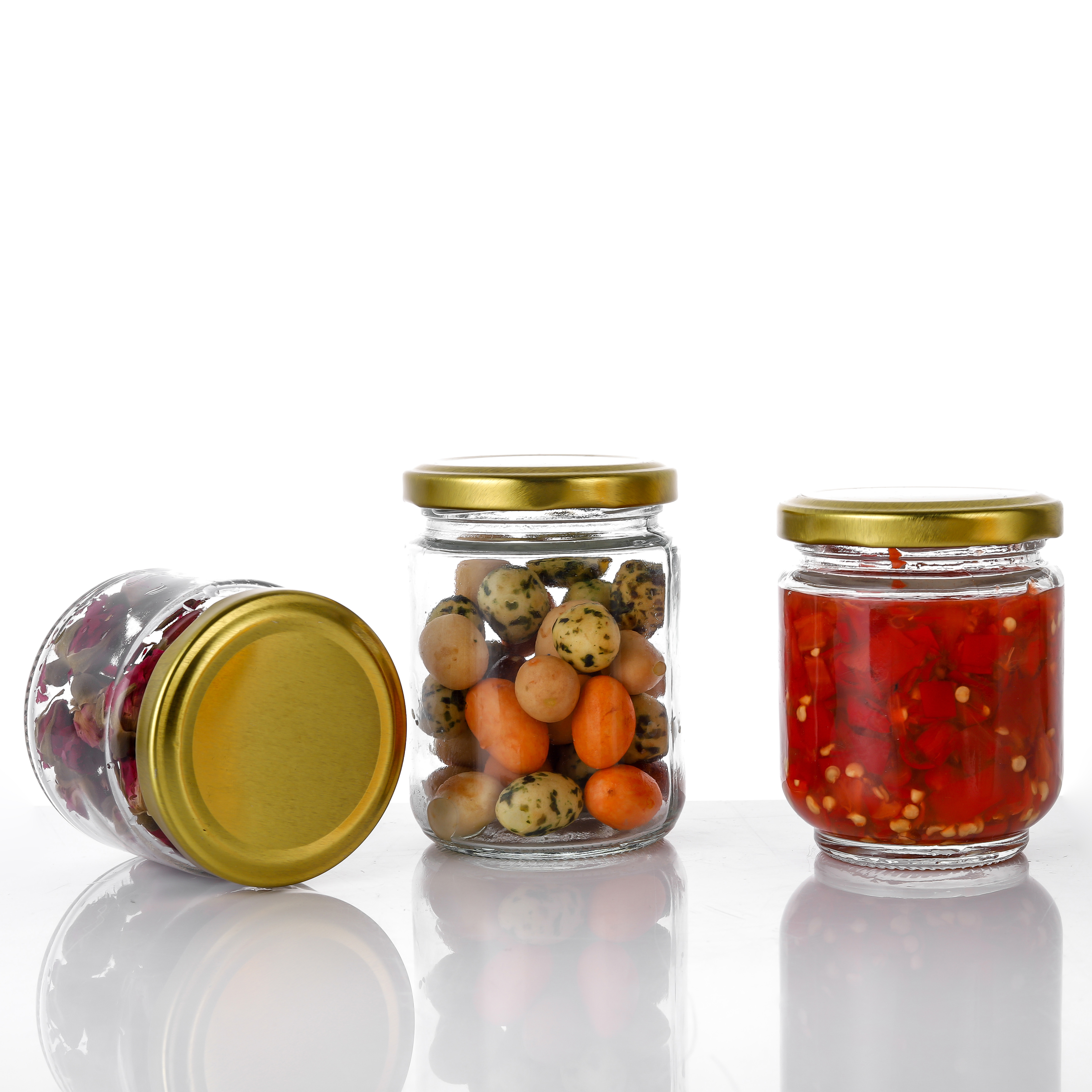 Promotional wholesale price round clear glass jar for jam,honey and pickle with gold metal lid