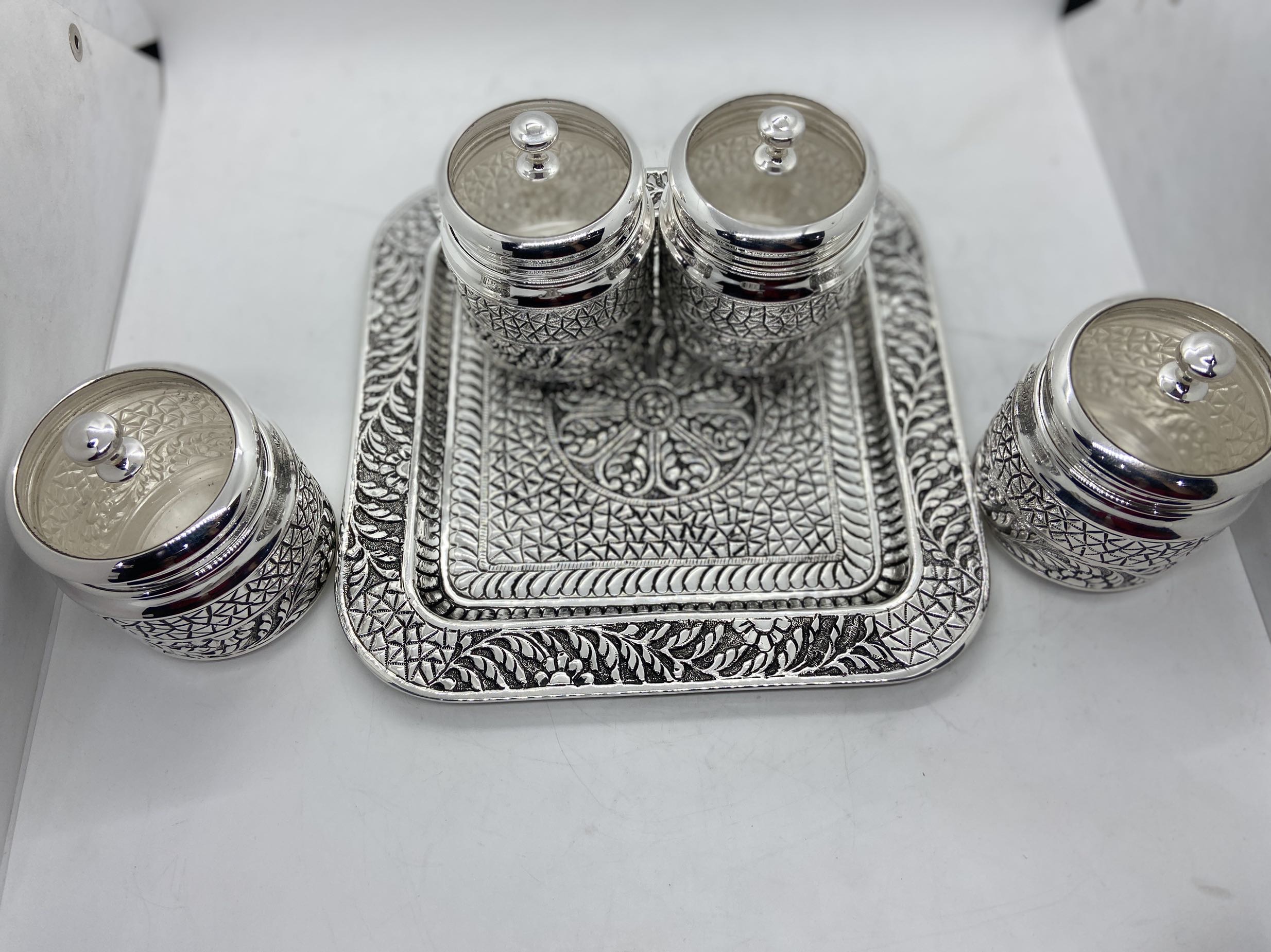 Pure 925 SIlver Storage Jars 4 Antique Jars With Tray Food Jar used for Tabletops Home decoration and Kitchen storage jars