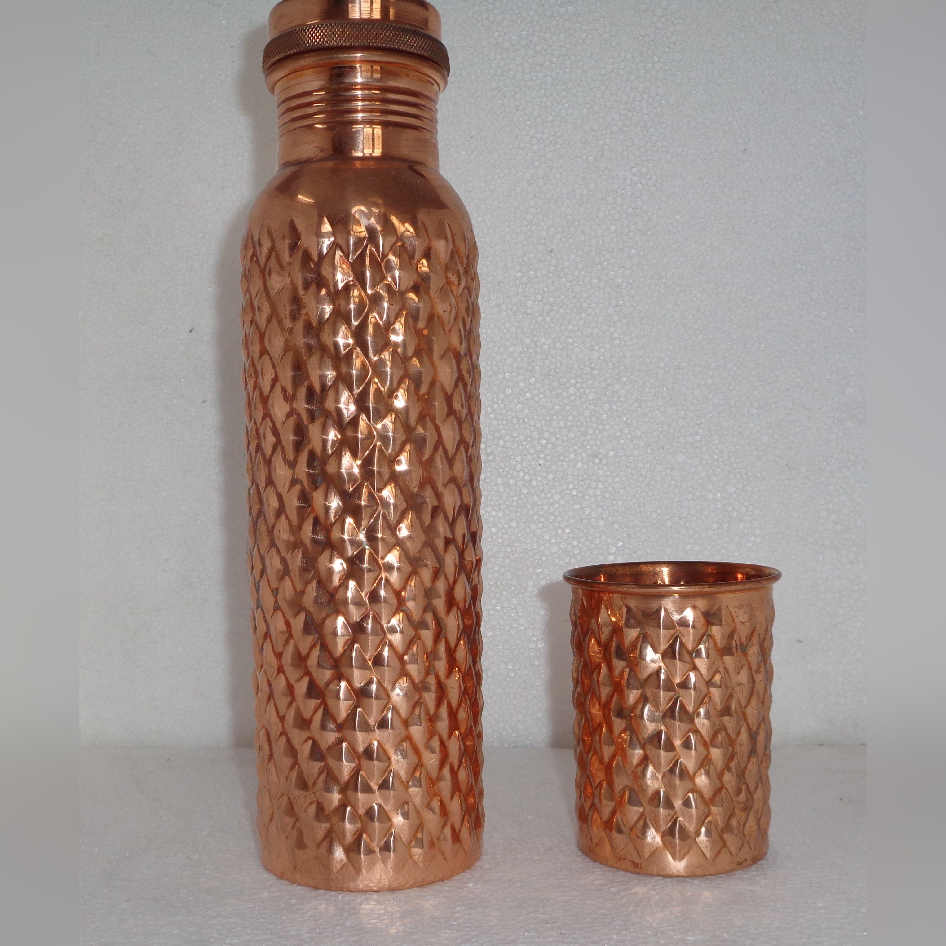 Pure Copper Hand Made Curve Indent Water Bottle Drinking Vessel 100% Pure Copper Easy To Carry