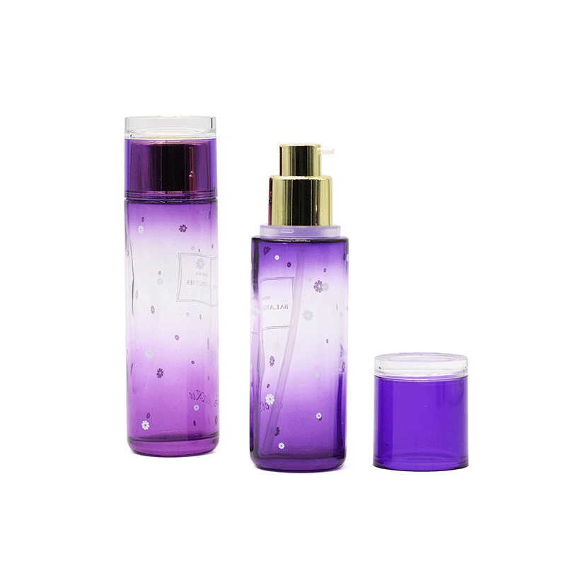 Purple cosmetic empty 40ml 100 ml 120ml glass pump spray bottles and 30g 50g cream jars for personal care
