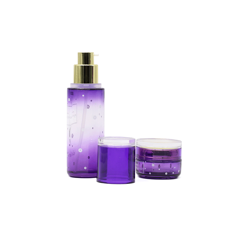 Purple cosmetic empty 40ml 100 ml 120ml glass pump spray bottles and 30g 50g cream jars for personal care