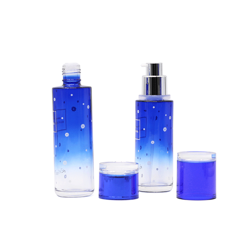 Purple cosmetic empty 40ml 100 ml 120ml glass pump spray bottles and 30g 50g cream jars for personal care