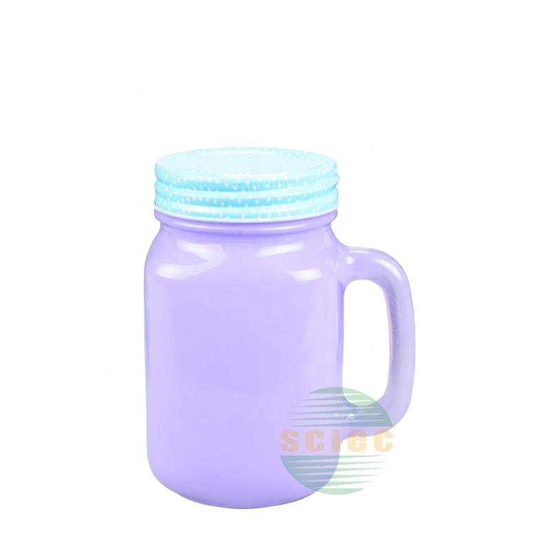 Purple glass jar with handle and metal lid glass jar for drinking