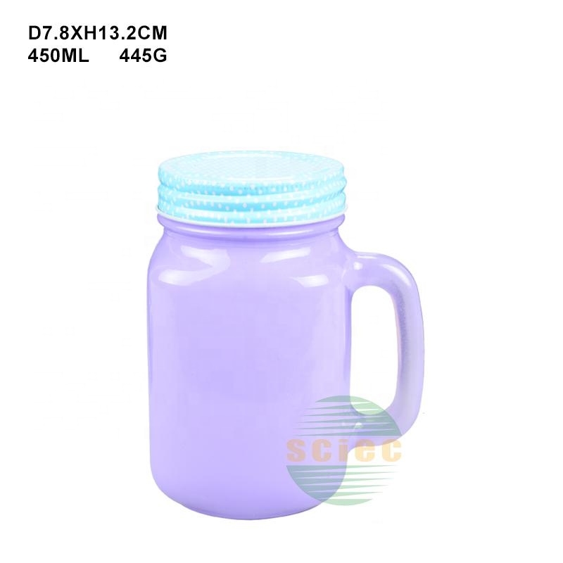 Purple glass jar with handle and metal lid glass jar for drinking