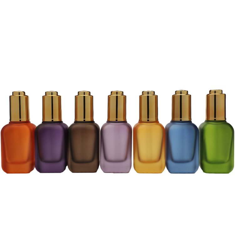 Push Button Flat Shoulder Essential Oil Bottle Customize Suqre Frosted Cosmetic Glass Dropper Bottle 50ml Eye Dropper Bottle