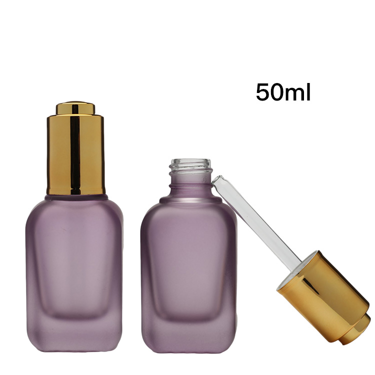 Push Button Flat Shoulder Essential Oil Bottle Customize Suqre Frosted Cosmetic Glass Dropper Bottle 50ml Eye Dropper Bottle
