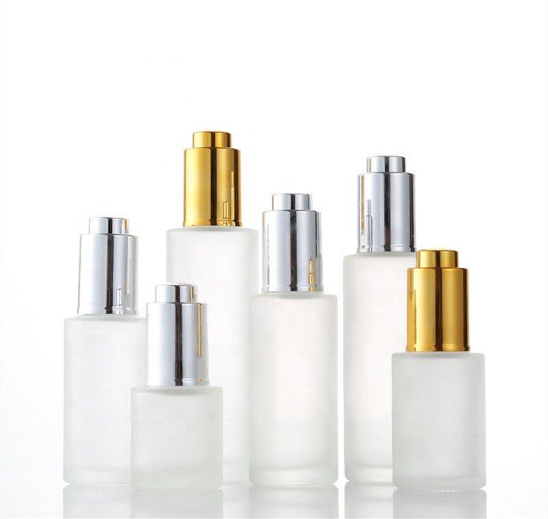 Push button flat shoulder essential oil bottle customize frosted cosmetic glass dropper bottle