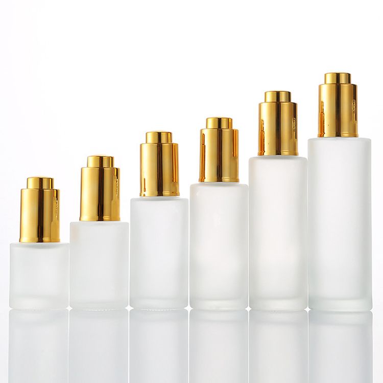 Push button flat shoulder essential oil bottle customize frosted cosmetic glass dropper bottle