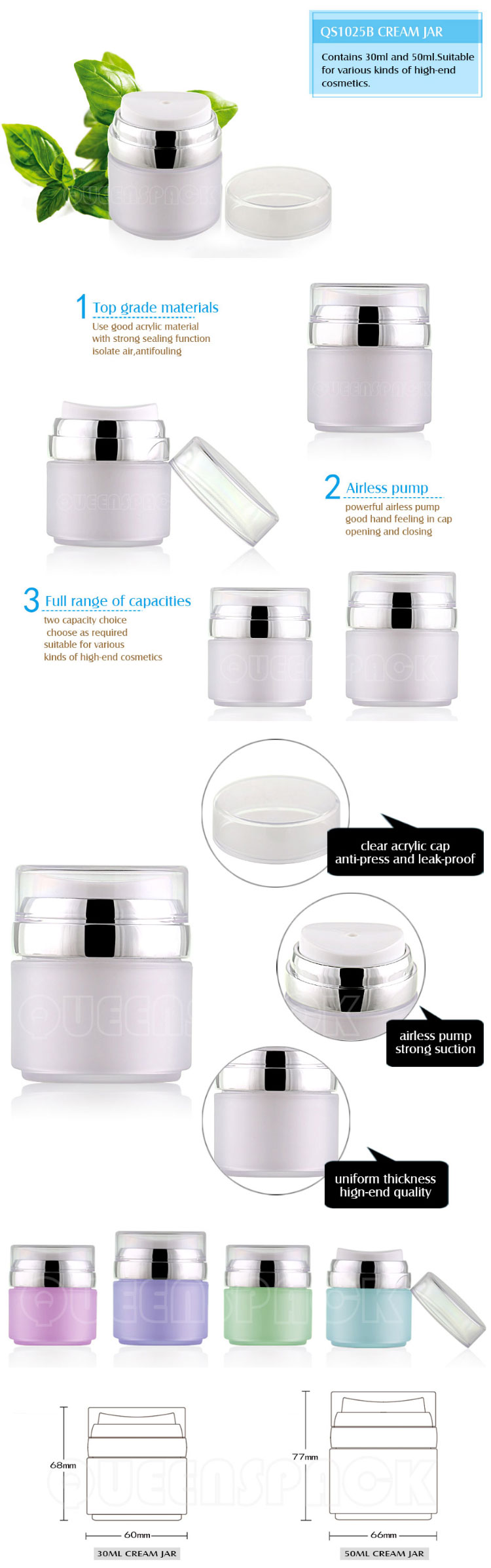 QS1025B Custom Cosmetic Airless Acrylic Cream Bottle 30ML 50ML Squeeze Vacuum Skincare Cream Bottle