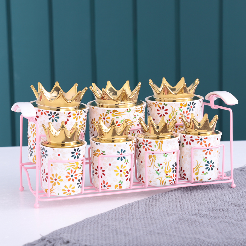 QYD 7pcs Porcelain ceramic wholesale airtight food candy spice jar gold Crown lid kavanoz storage bottles & jars containers