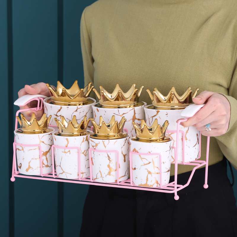 QYD 7pcs Porcelain ceramic wholesale marble new food candy spice jar gold Crown lid kavanoz storage bottles & jars containers