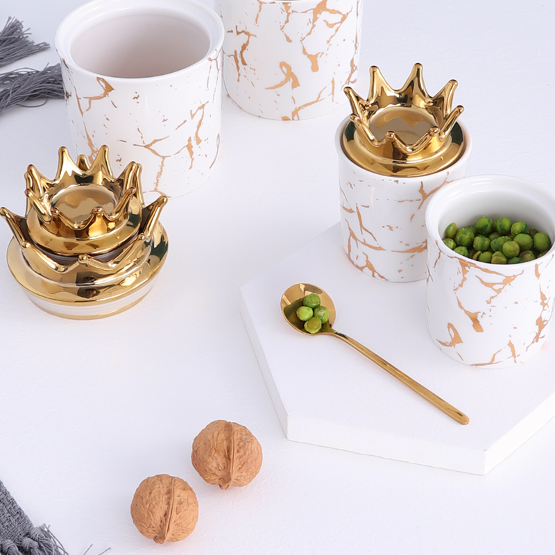 QYD 7pcs Porcelain ceramic wholesale marble new food candy spice jar gold Crown lid kavanoz storage bottles & jars containers