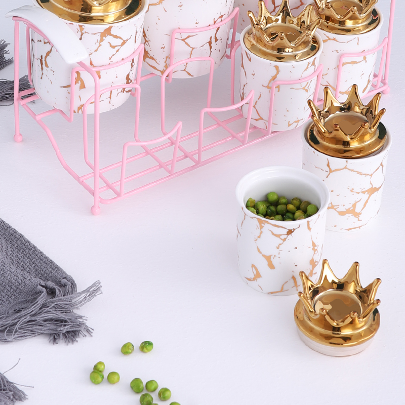 QYD 7pcs Porcelain ceramic wholesale marble new food candy spice jar gold Crown lid kavanoz storage bottles & jars containers