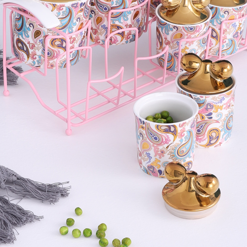 QYD 7pcs Porcelain small ceramic wholesale airtight food spice jar gold Mickey lid kavanoz storage bottles & jars containers