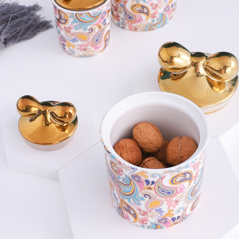 QYD 7pcs Porcelain small ceramic wholesale airtight food spice jar gold Mickey lid kavanoz storage bottles & jars containers