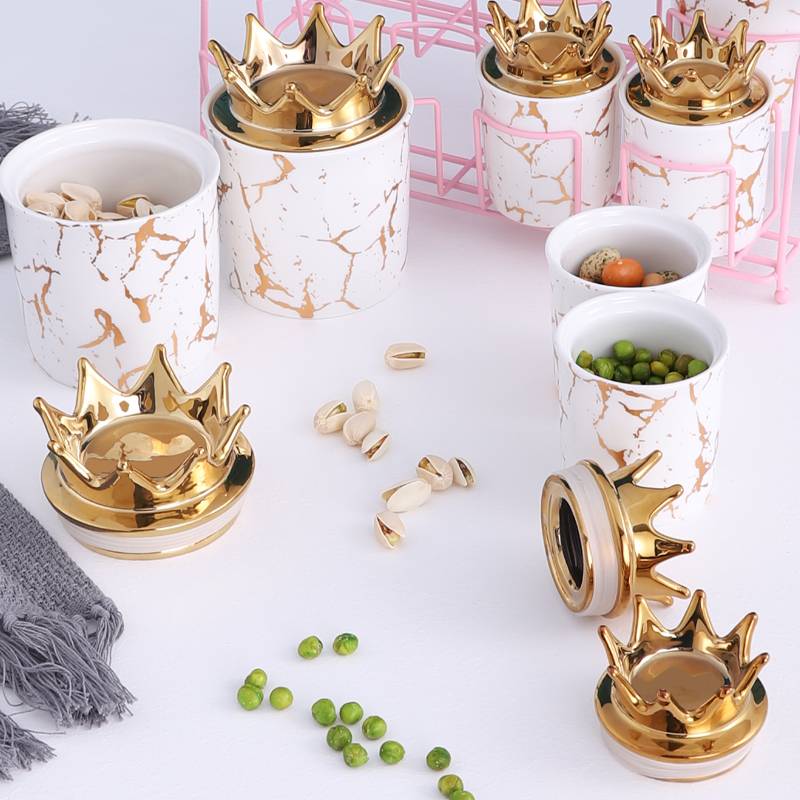 QYD 7pcs marble porcelain crown shiny ceramic small canister storage kitchen gold white jar container airtight food with lid set