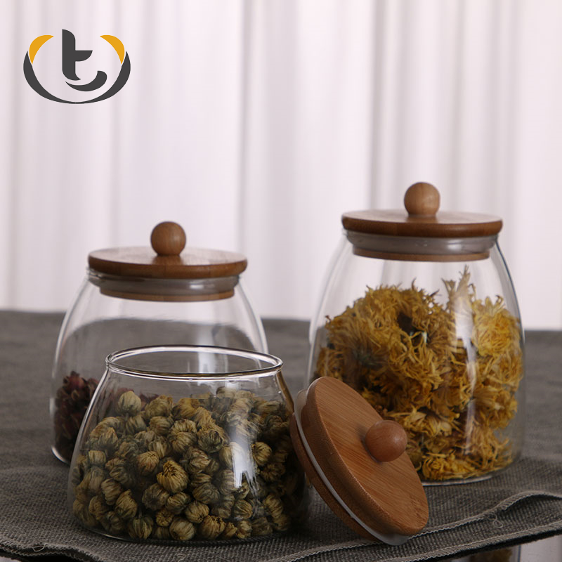 Quality empty glass jar price with acacia lid glass packaging jar